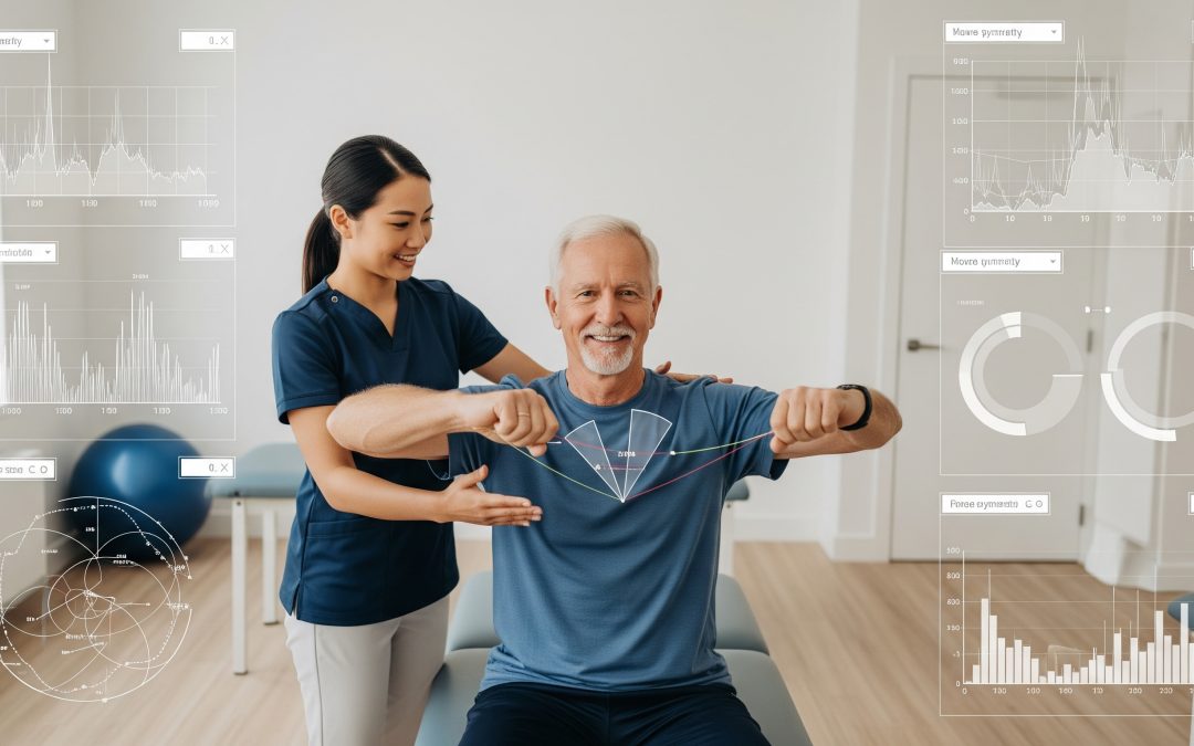 Profissional fisiatra auxiliando na amplitude do movimento
