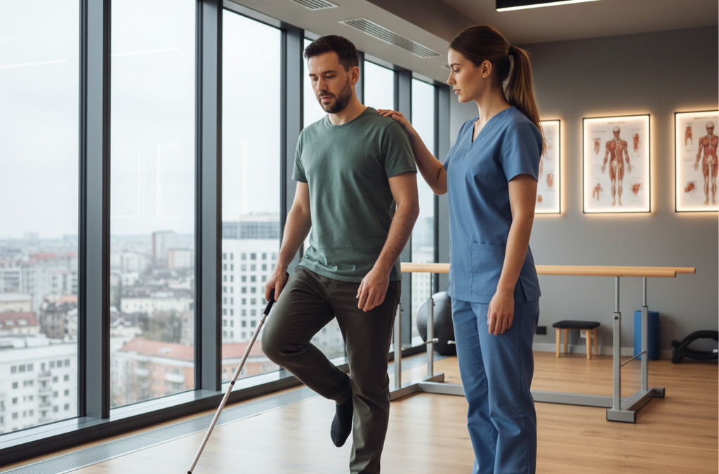 Deficiente visual executando teste de equilibrio